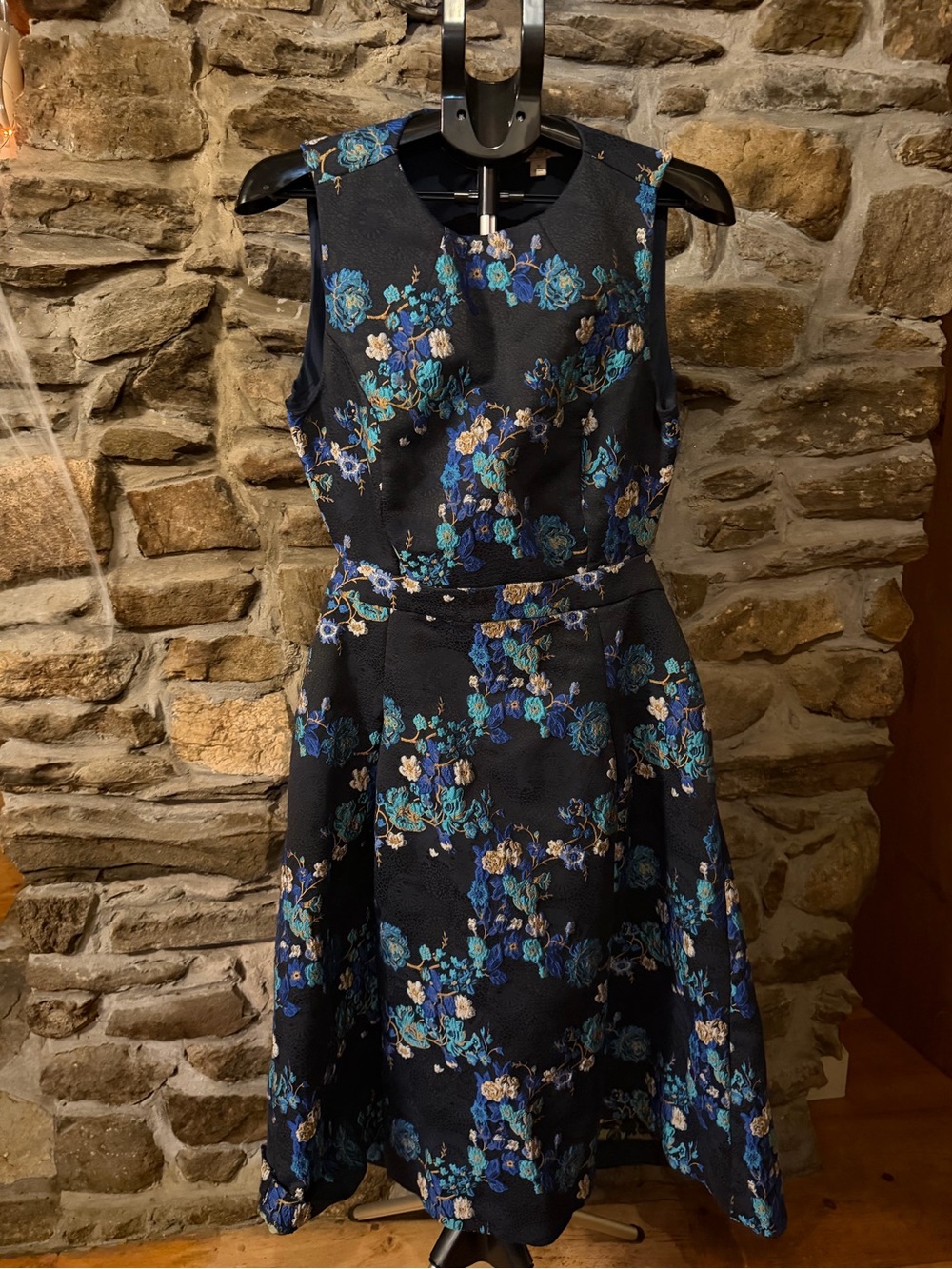 eva mendes for New York & Company Navy Floral Asymmetrical Fit-and-Flare Dress